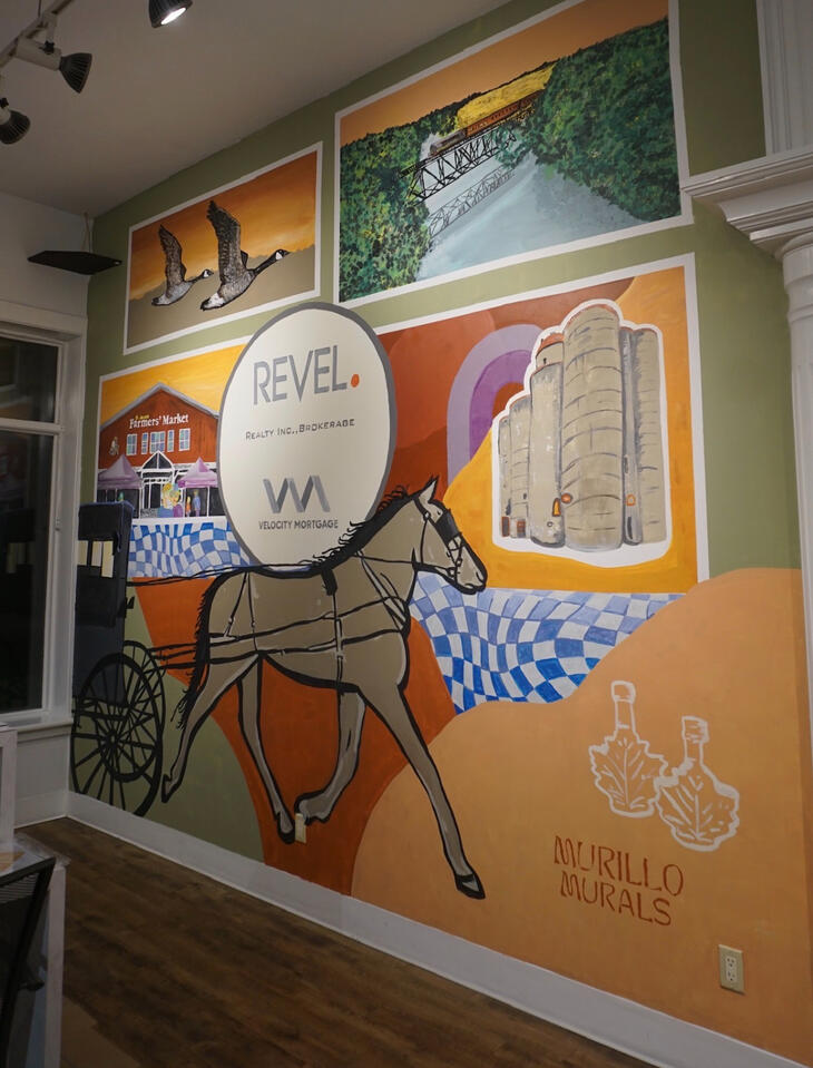 Colourful interior mural for Revel Realty in St. Jacobs, Ontario, featuring architectural illustrations, geometric shapes, and local-inspired design elements.