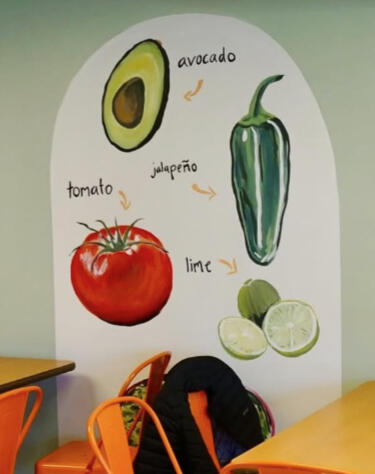 Colorful restaurant mural featuring a tomato, jalapeño pepper, lime, avocado, and hand-drawn ingredient labels on a light background.